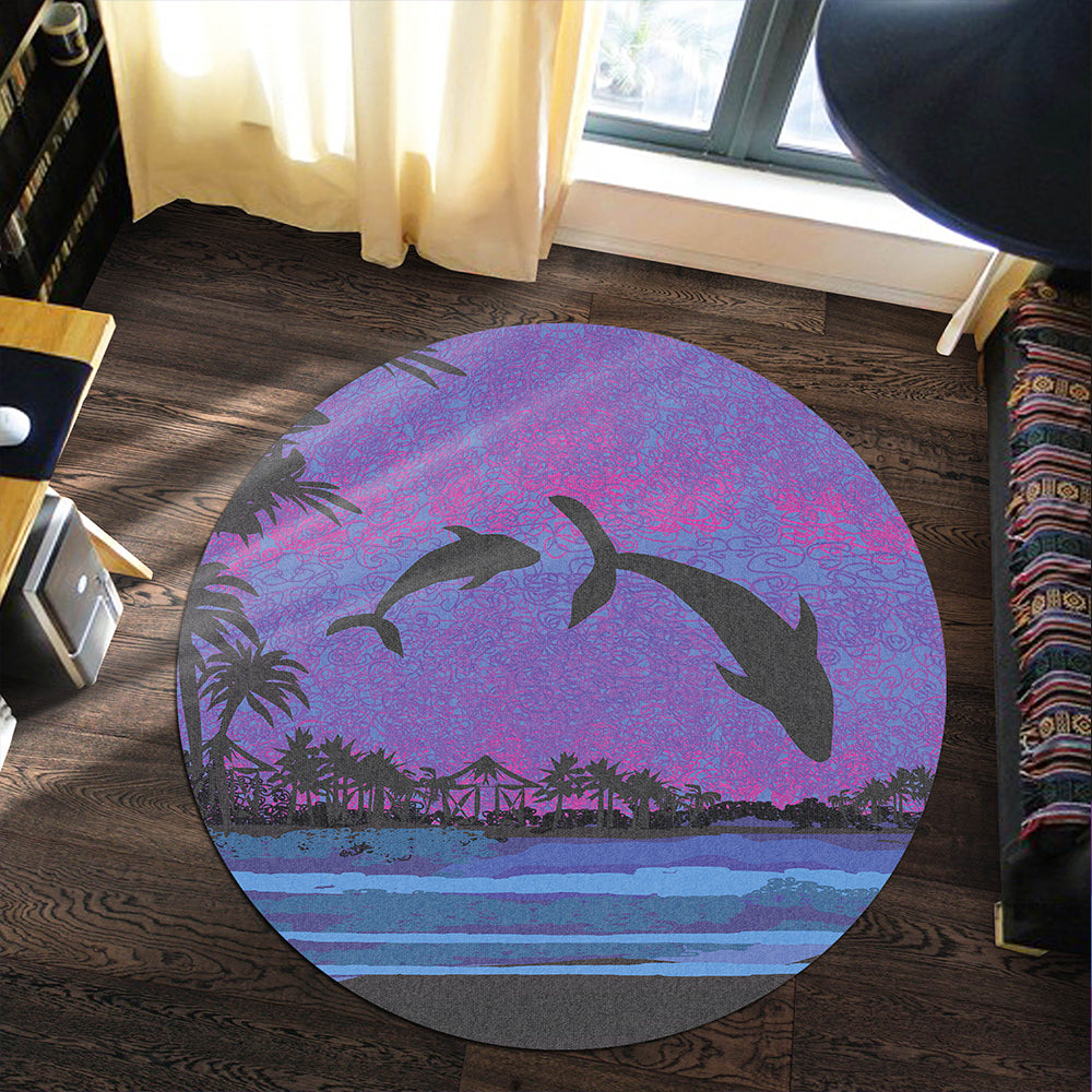 Hawaii Round Rug Dolphin Dance In Night