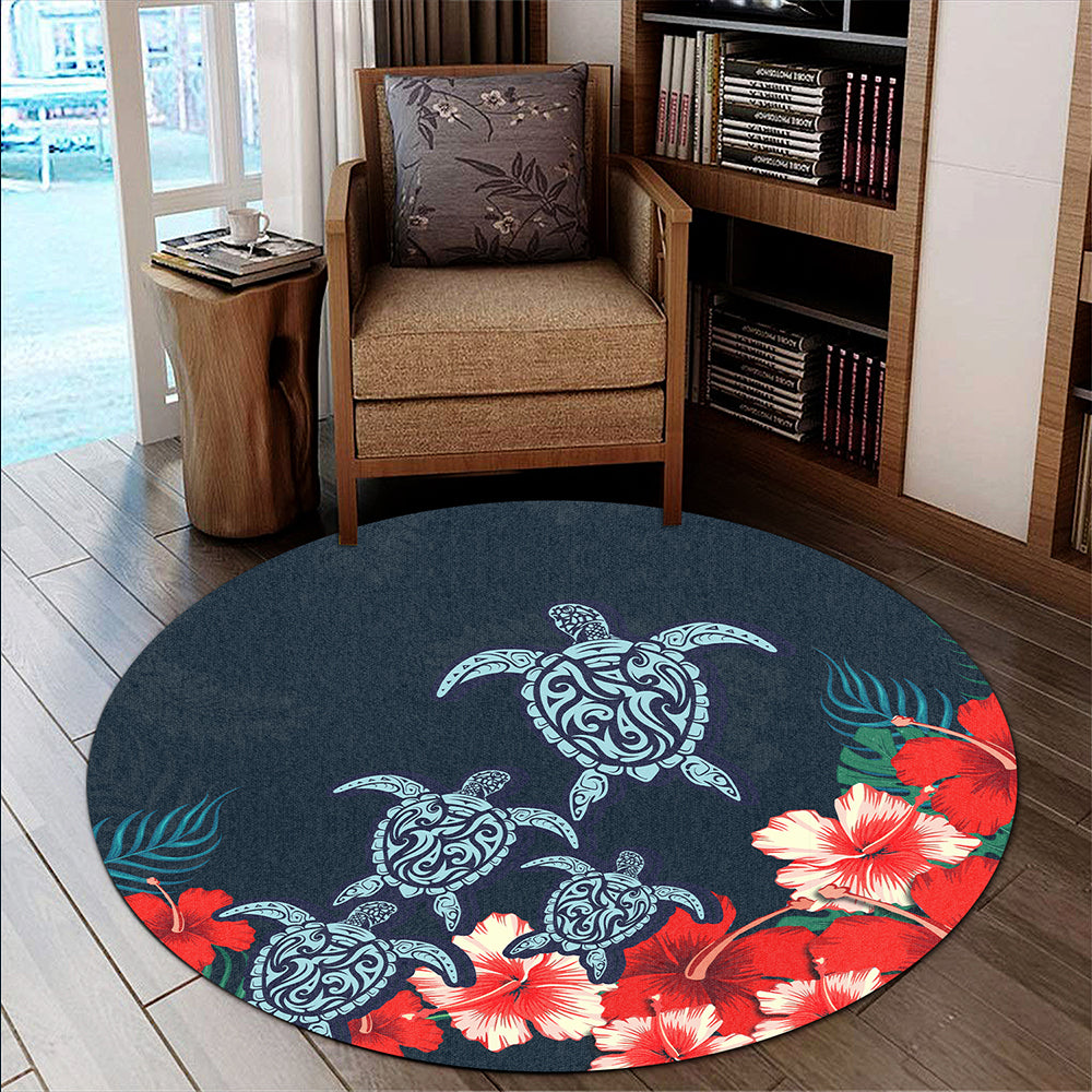 Hawaii Round Rug Four Turtle Hibiscus Tropical