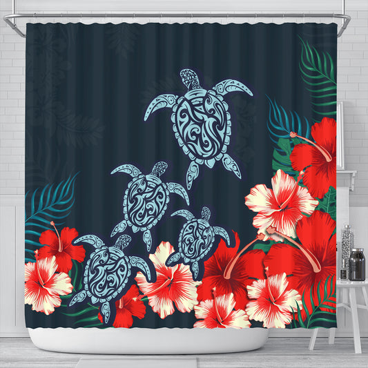 Hawaii Shower Curtain Four Turtle Hibiscus Tropical