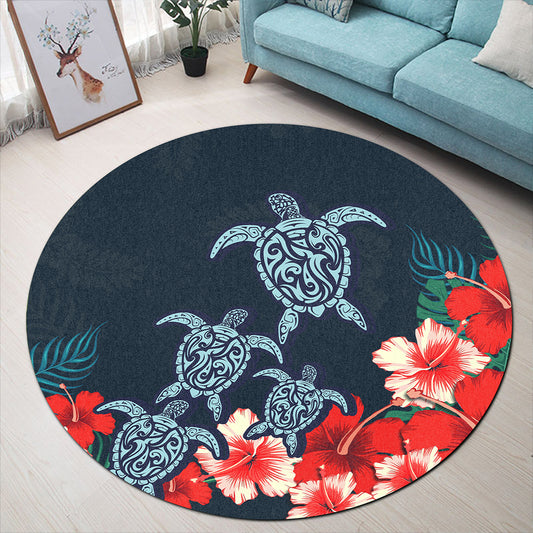 Hawaii Round Rug Four Turtle Hibiscus Tropical