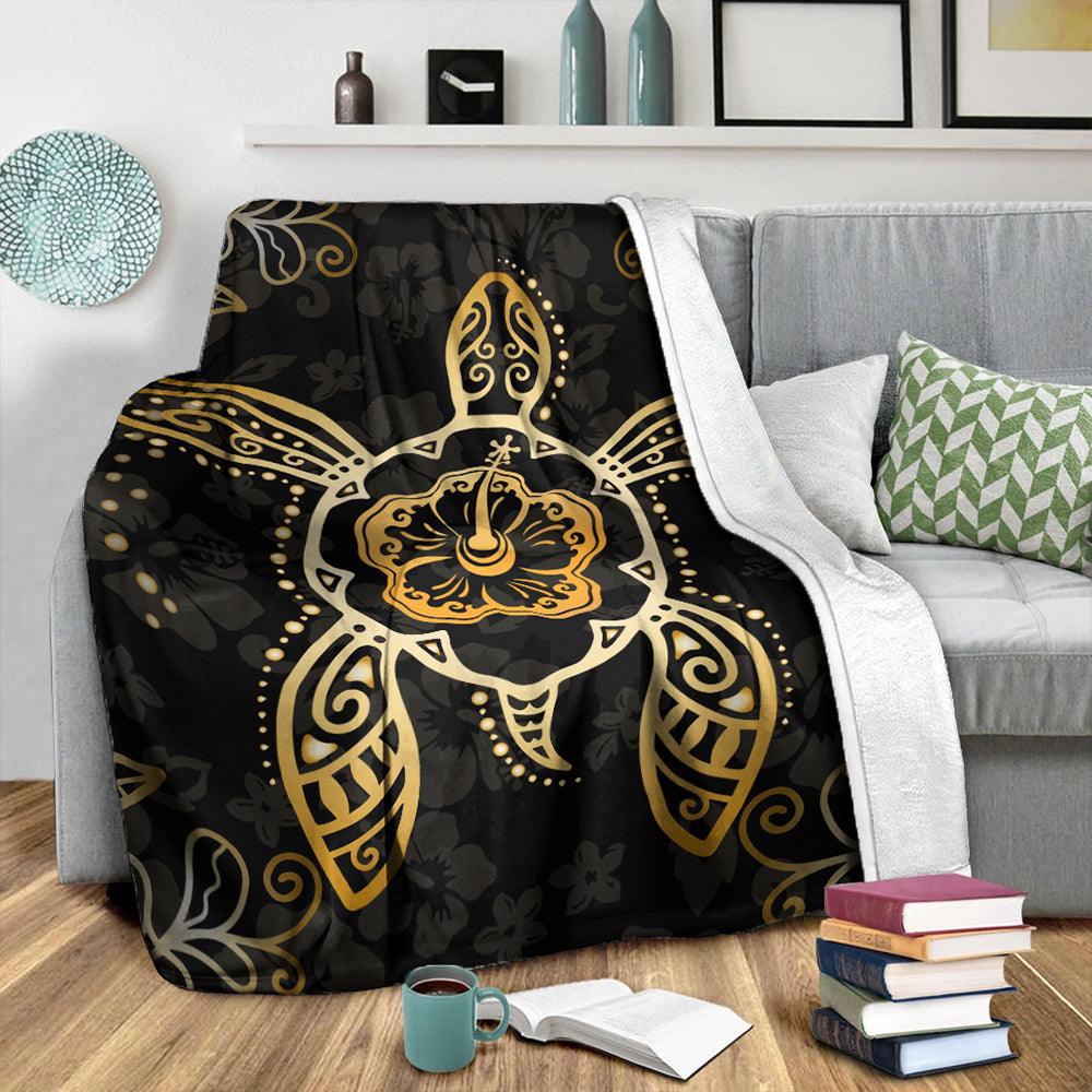 Hawaii Premium Blanket Golden Hibiscus And Turtle