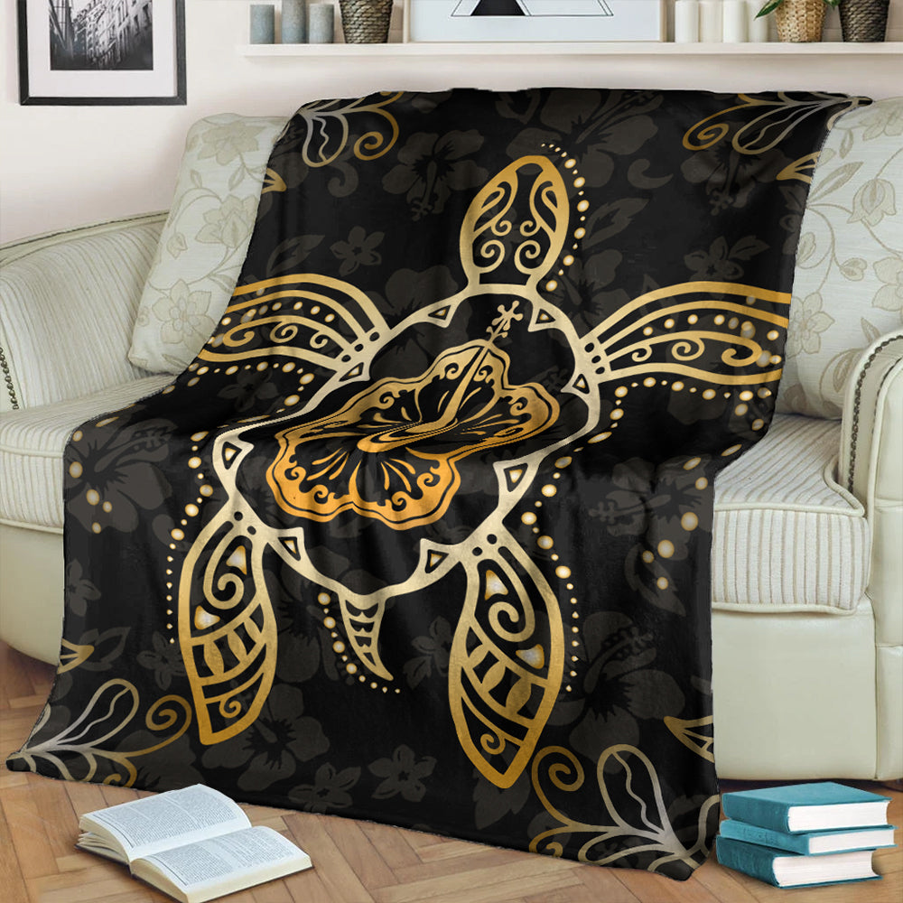 Hawaii Premium Blanket Golden Hibiscus And Turtle