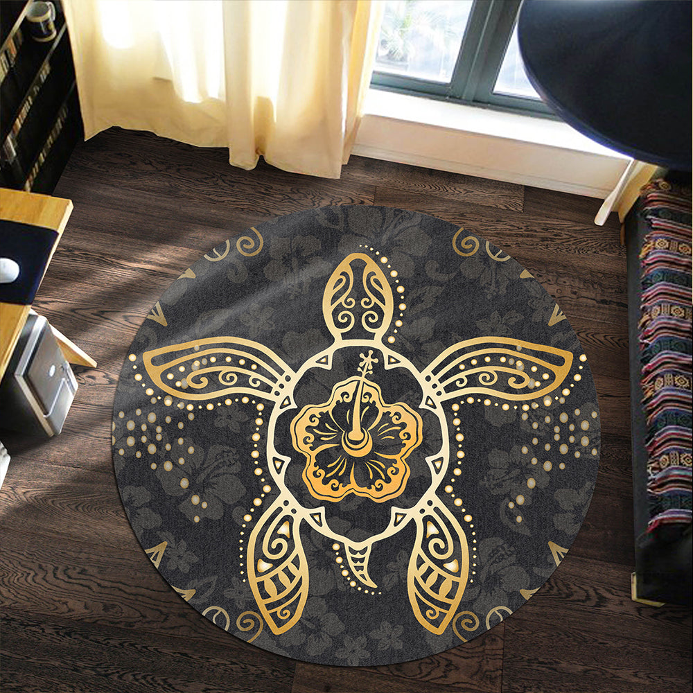 Hawaii Round Rug Golden Hibiscus And Turtle