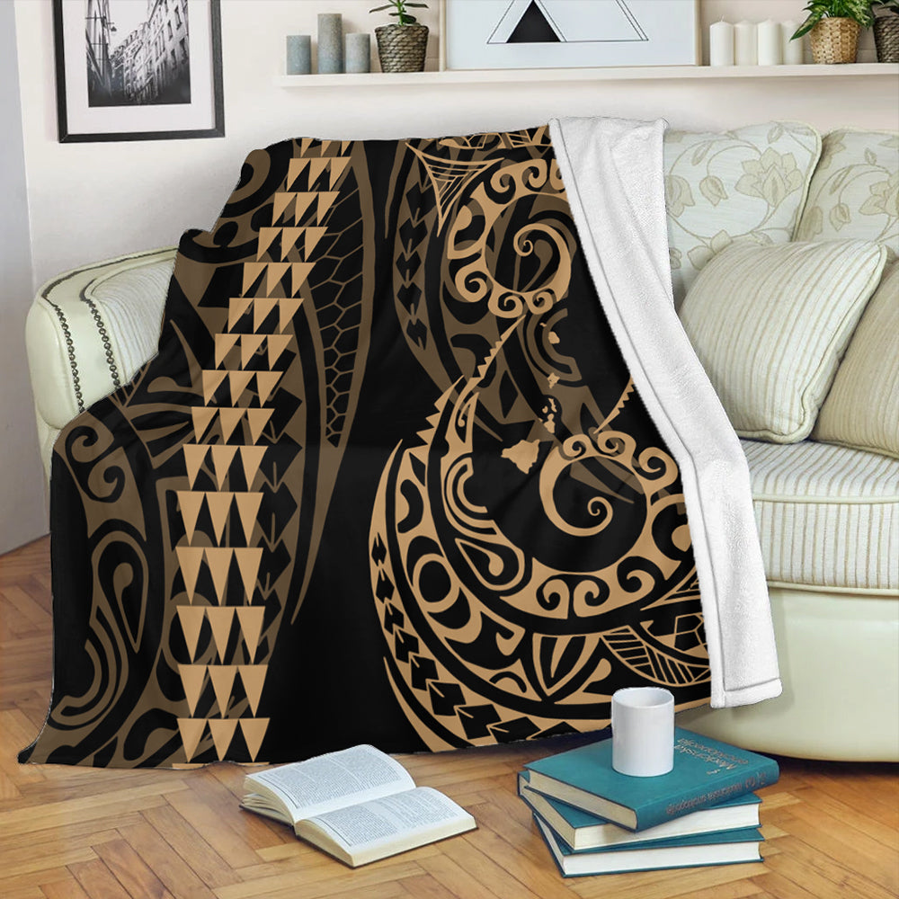 Hawaii Premium Blanket Hawaiian Map Kakau Style Gold