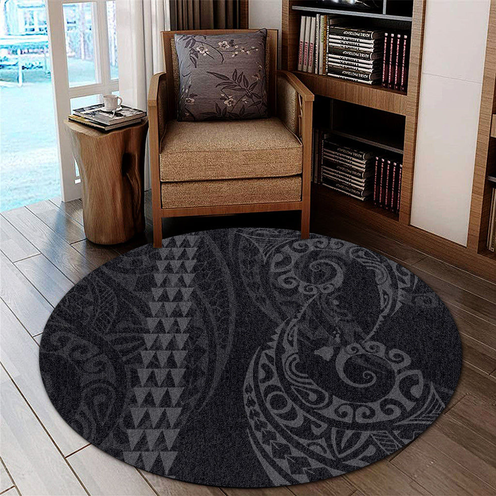 Hawaii Round Rug Hawaiian Map Kakau Style Gray