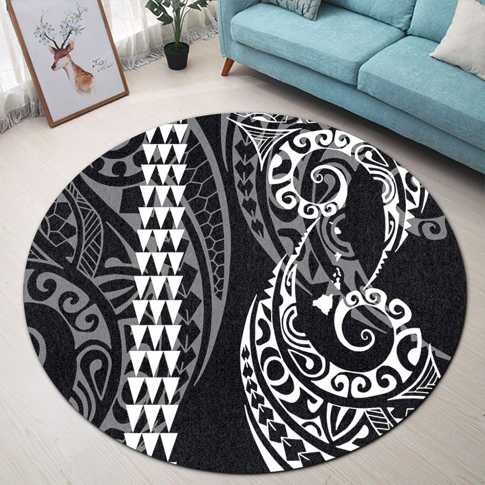 Hawaii Round Rug Hawaiian Map Kakau Style White