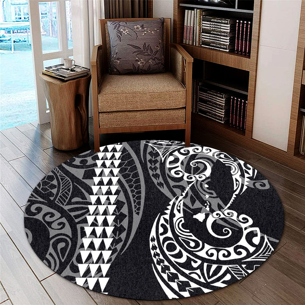 Hawaii Round Rug Hawaiian Map Kakau Style White