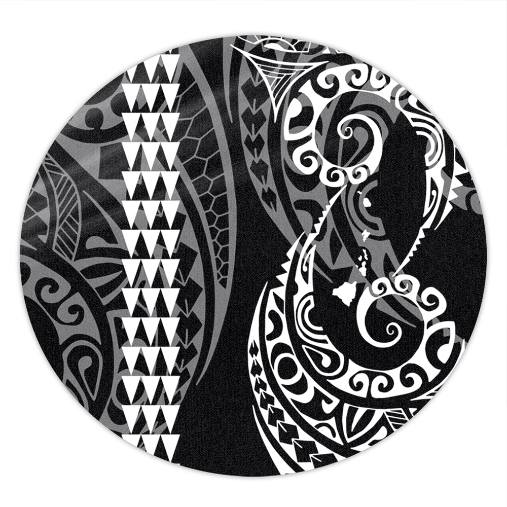 Hawaii Round Rug Hawaiian Map Kakau Style White