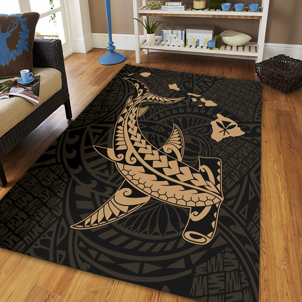 Hawaii Area Rug Hawaiian Native Map Hammerhead Shark Gold