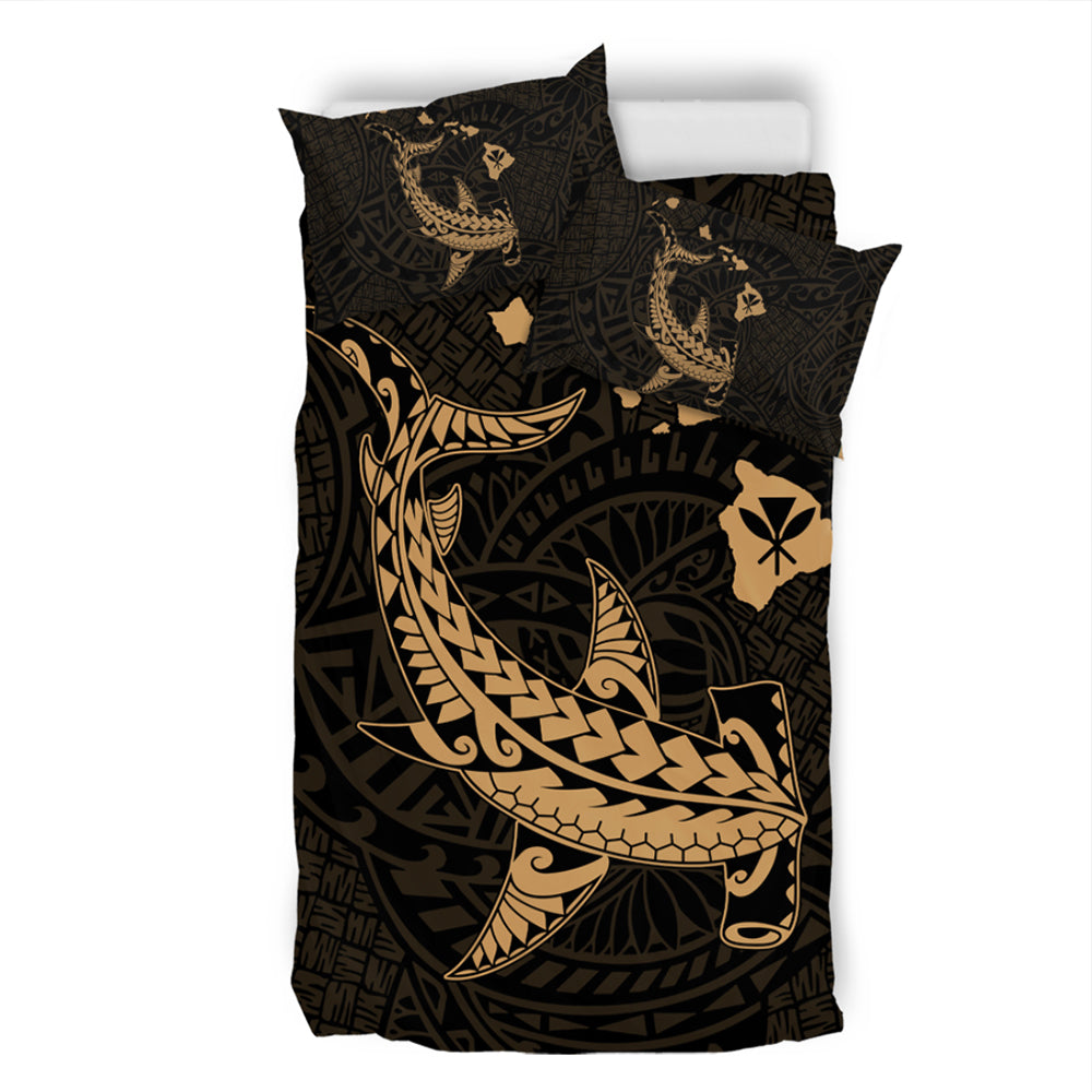 Hawaii Bedding Set Hawaiian Native Map Hammerhead Shark Gold
