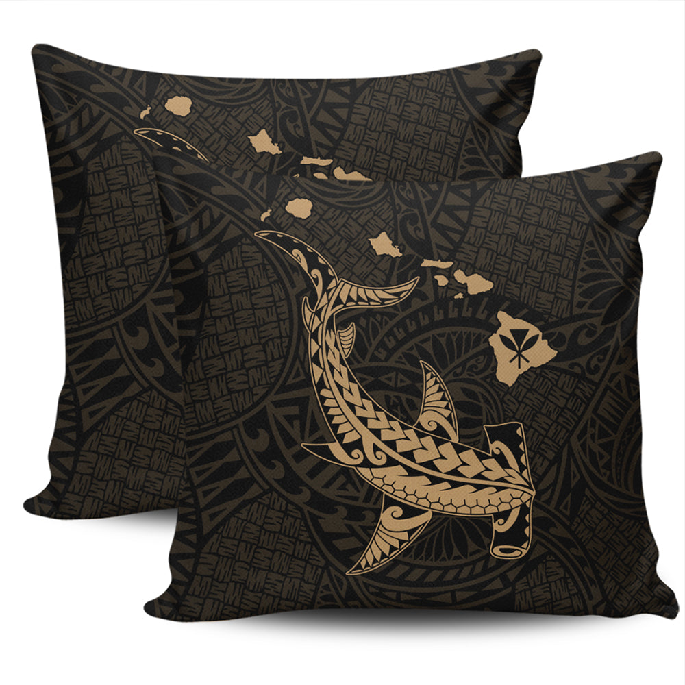 Hawaii Pillow Cover Hawaiian Native Map Hammerhead Shark Gold