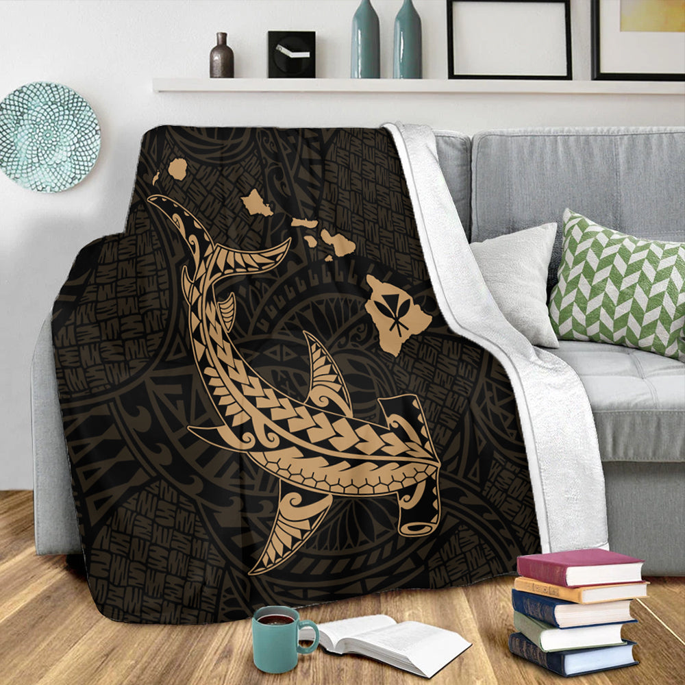 Hawaii Premium Blanket Hawaiian Native Map Hammerhead Shark Gold
