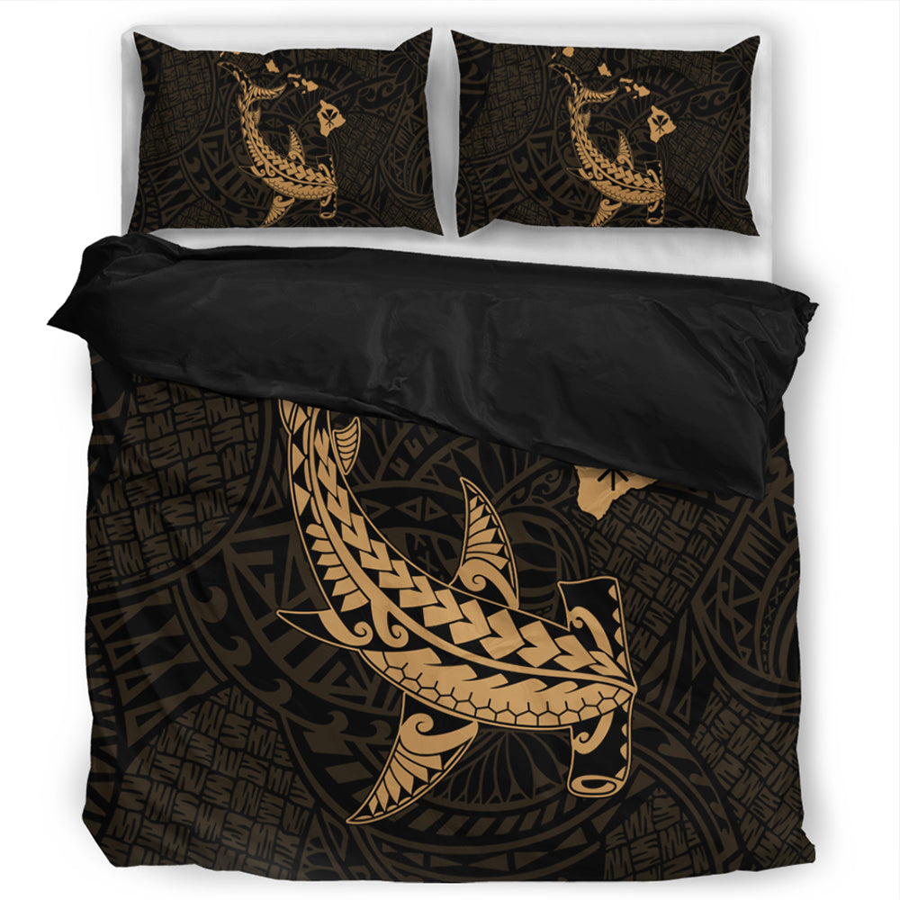 Hawaii Bedding Set Hawaiian Native Map Hammerhead Shark Gold