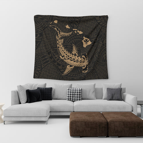 Hawaii Tapestry Hawaiian Native Map Hammerhead Shark Gold
