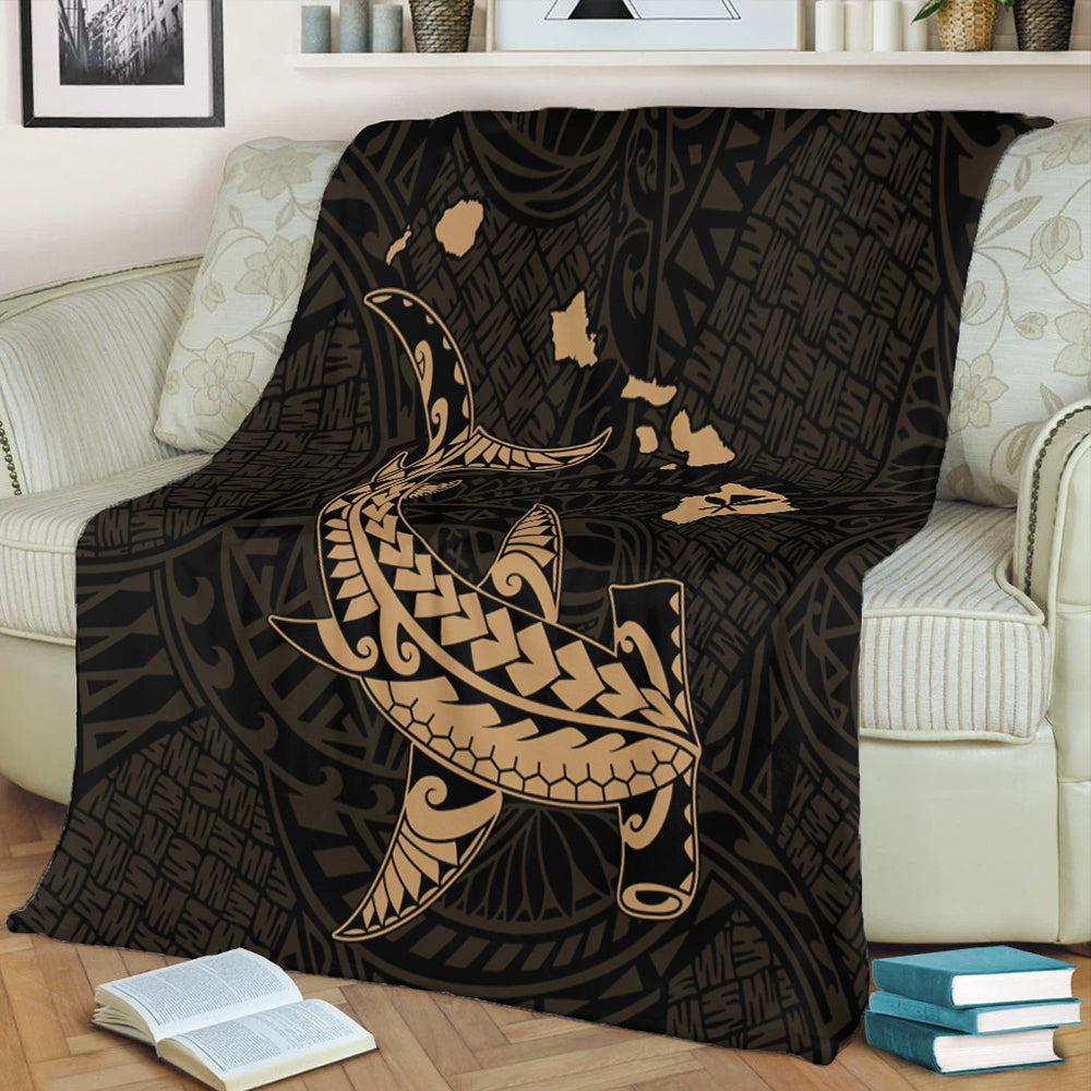 Hawaii Premium Blanket Hawaiian Native Map Hammerhead Shark Gold