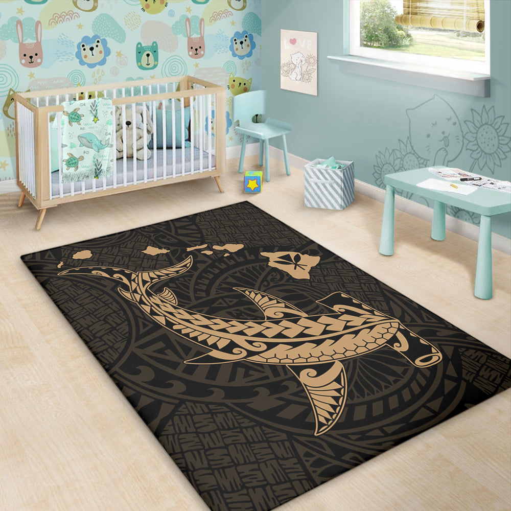 Hawaii Area Rug Hawaiian Native Map Hammerhead Shark Gold
