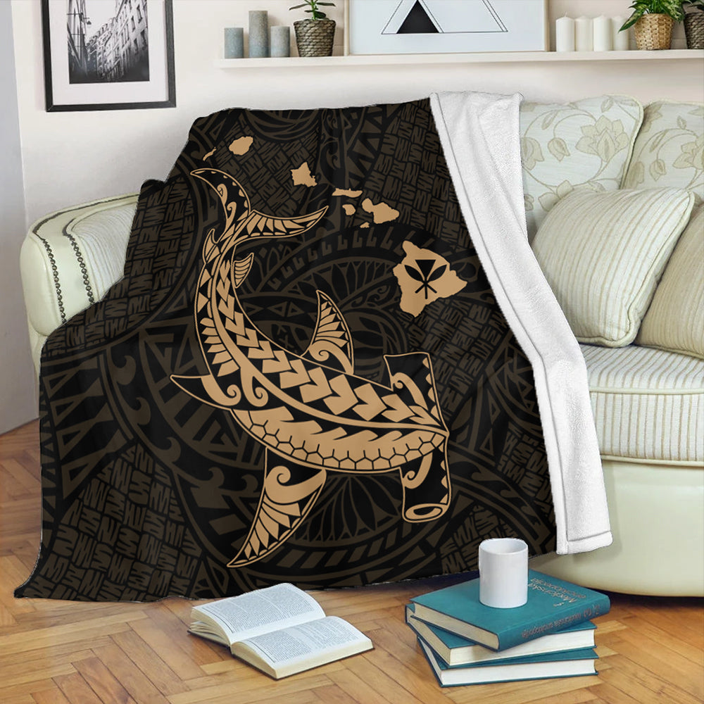 Hawaii Premium Blanket Hawaiian Native Map Hammerhead Shark Gold