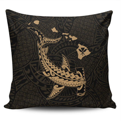 Hawaii Pillow Cover Hawaiian Native Map Hammerhead Shark Gold
