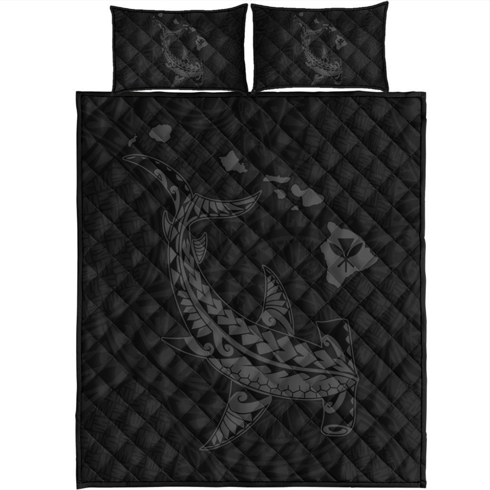 Hawaii Quilt Bed Set Hawaiian Native Map Hammerhead Shark Gray
