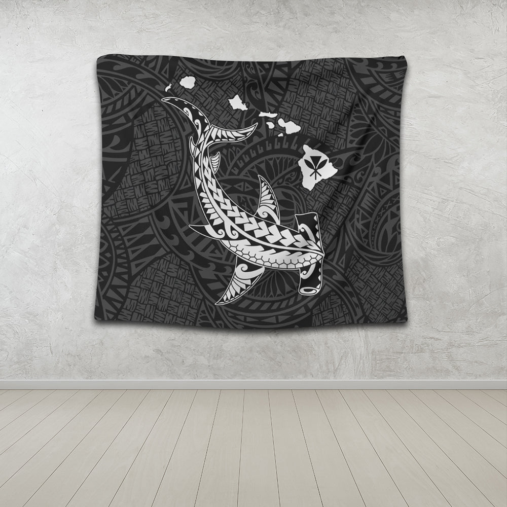 Hawaii Tapestry Hawaiian Native Map Hammerhead Shark White