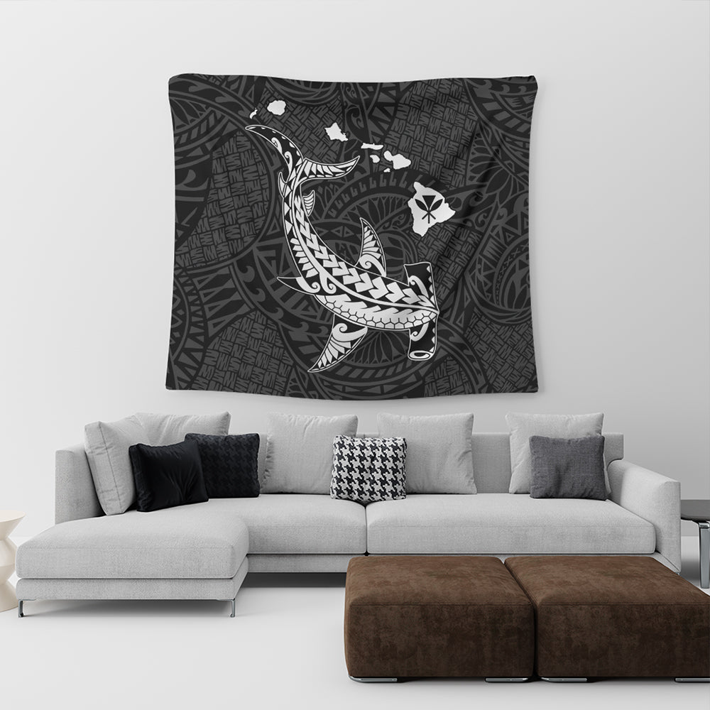 Hawaii Tapestry Hawaiian Native Map Hammerhead Shark White