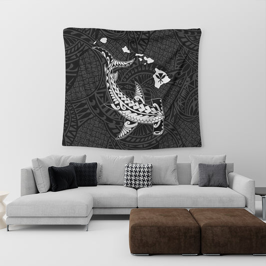 Hawaii Tapestry Hawaiian Native Map Hammerhead Shark White