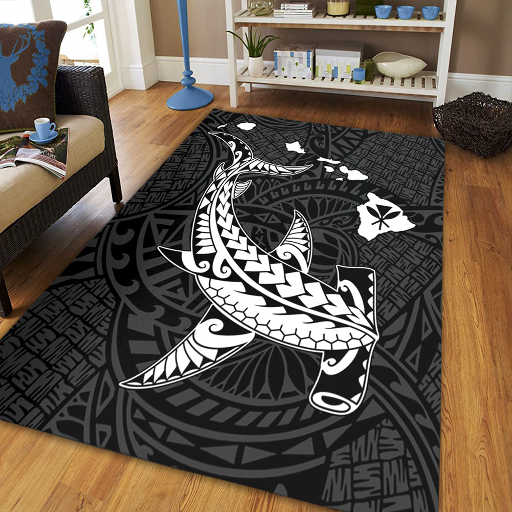 Hawaii Area Rug Hawaiian Native Map Hammerhead Shark White