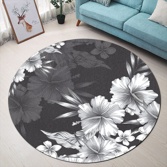 Hawaii Round Rug Hibiscus And Plumeria B&W