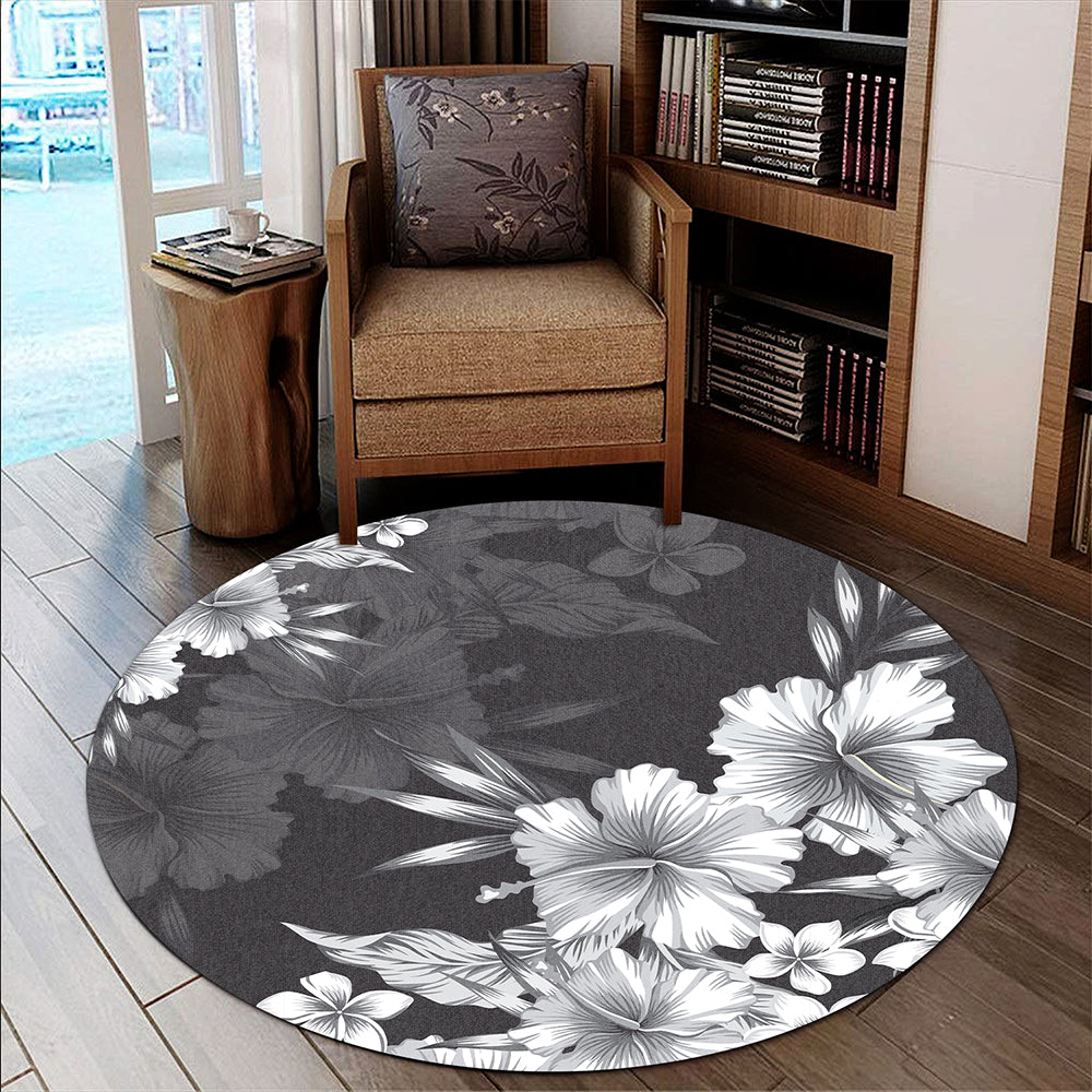 Hawaii Round Rug Hibiscus B&W