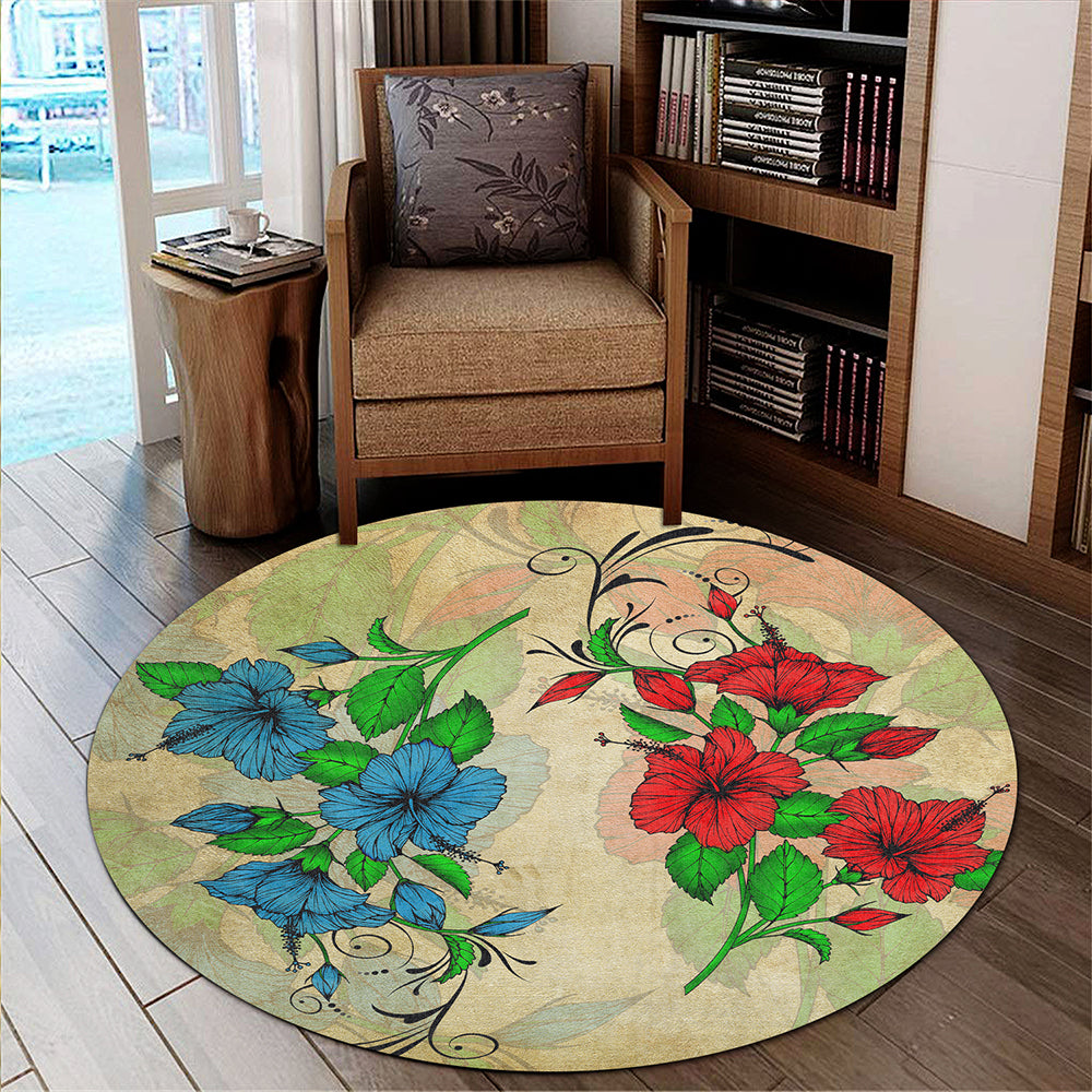 Hawaii Round Rug Hibiscus Blue And Red