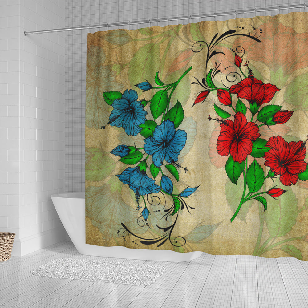 Hawaii Shower Curtain Hibiscus Blue And Red