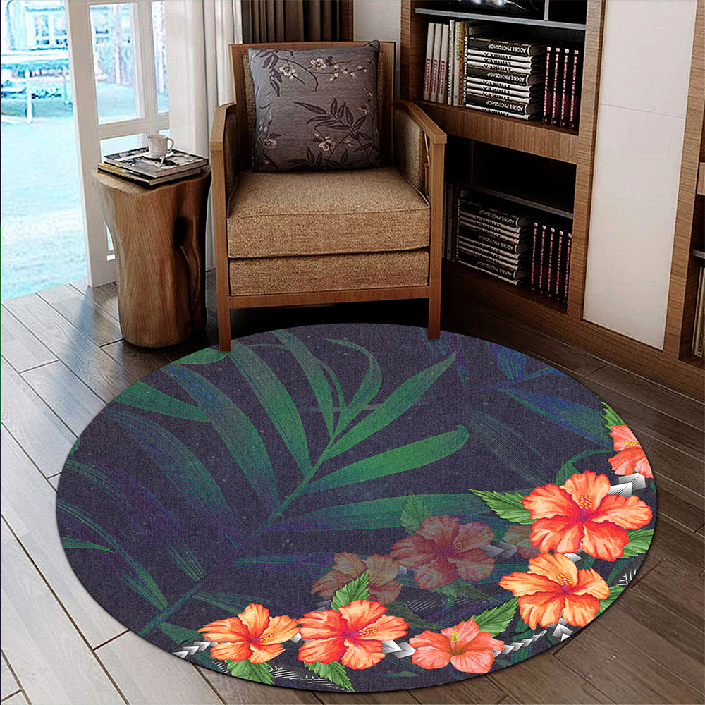 Hawaii Round Rug Hibiscus Palm Background