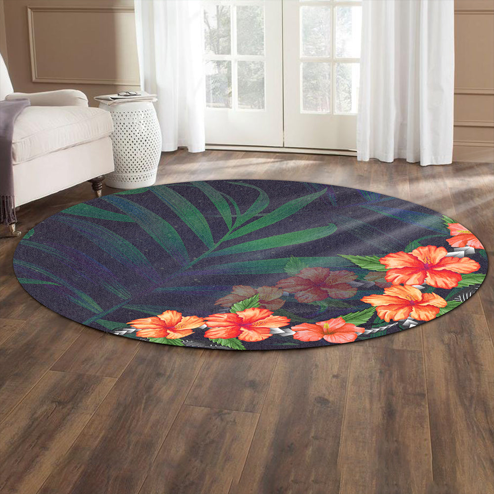 Hawaii Round Rug Hibiscus Palm Background