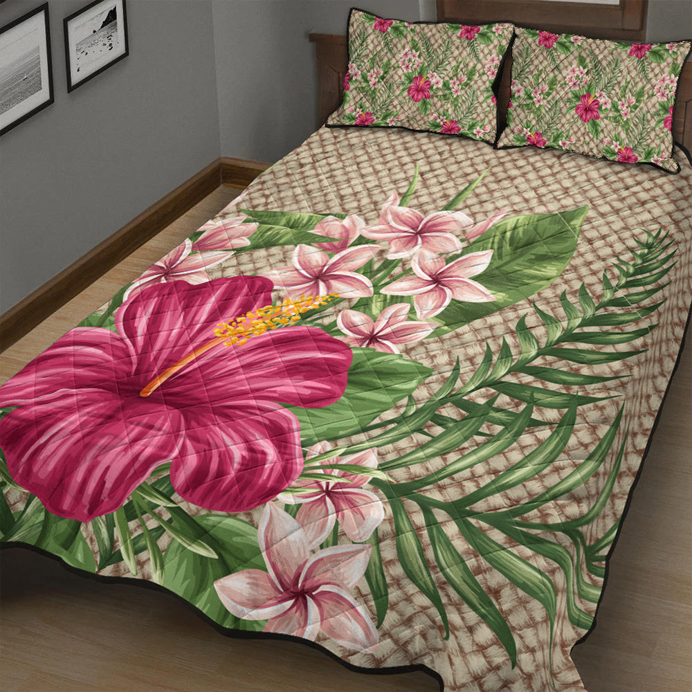 Hawaii Quilt Bed Set Hibiscus Plumeria Palm Leaves Lauhala Background Polynesian