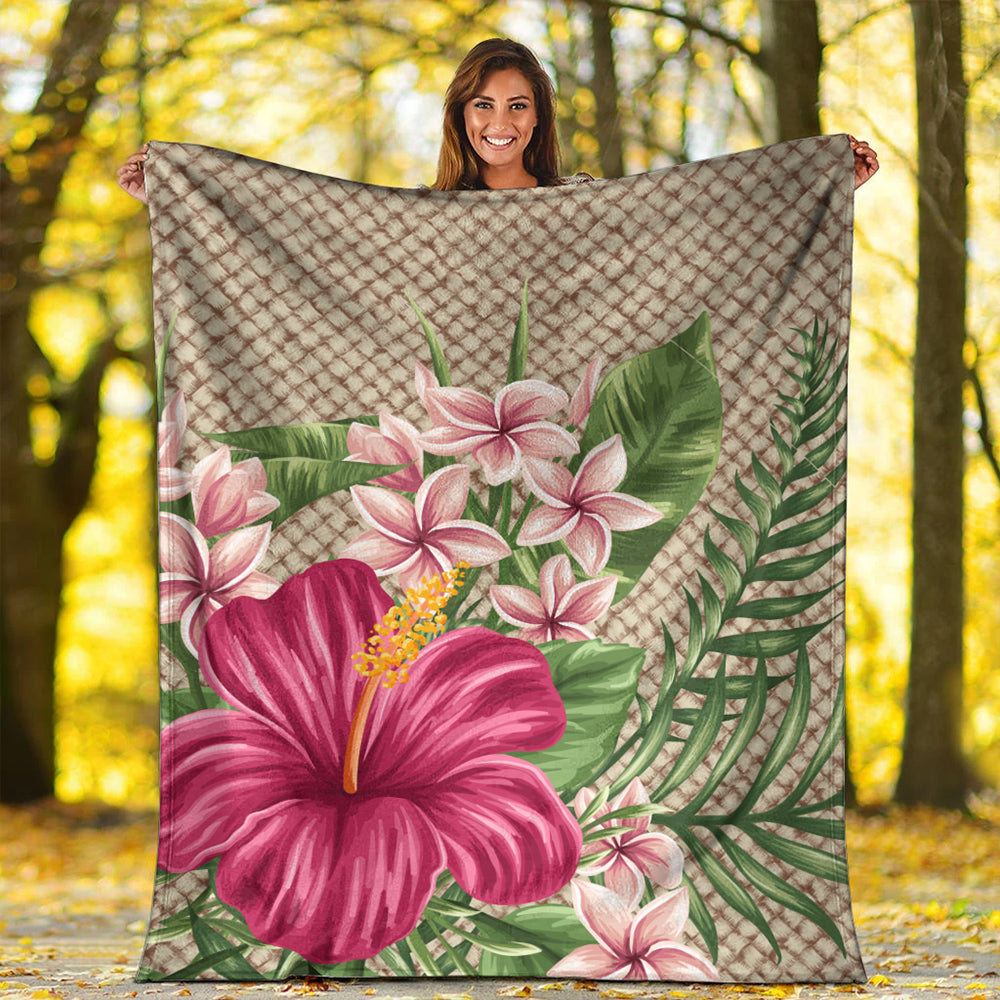 Hawaii Premium Blanket Hibiscus Plumeria Palm Leaves Lauhala Background Polynesian