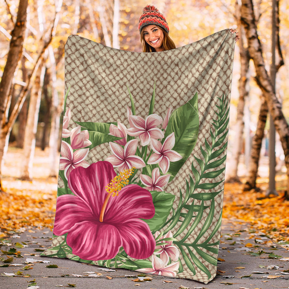 Hawaii Premium Blanket Hibiscus Plumeria Palm Leaves Lauhala Background Polynesian