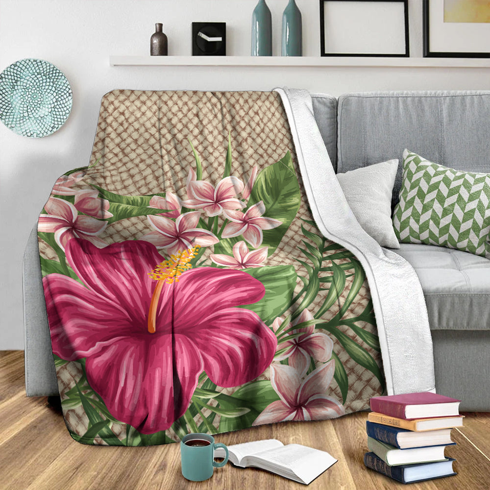 Hawaii Premium Blanket Hibiscus Plumeria Palm Leaves Lauhala Background Polynesian