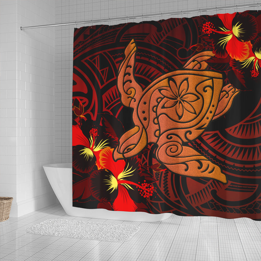 Hawaii Shower Curtain Hibiscus Polynesian Red Big Turtle
