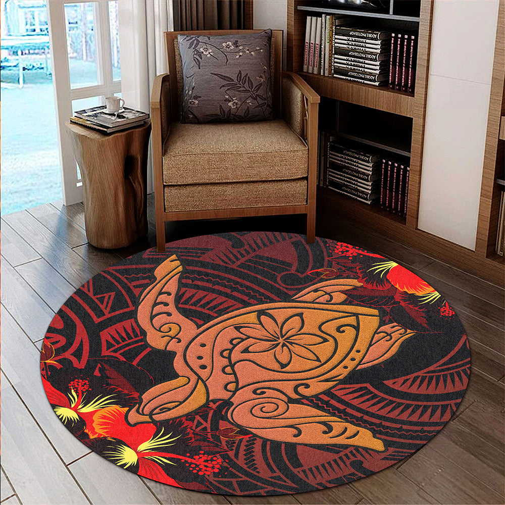 Hawaii Round Rug Hibiscus Polynesian Red Big Turtle