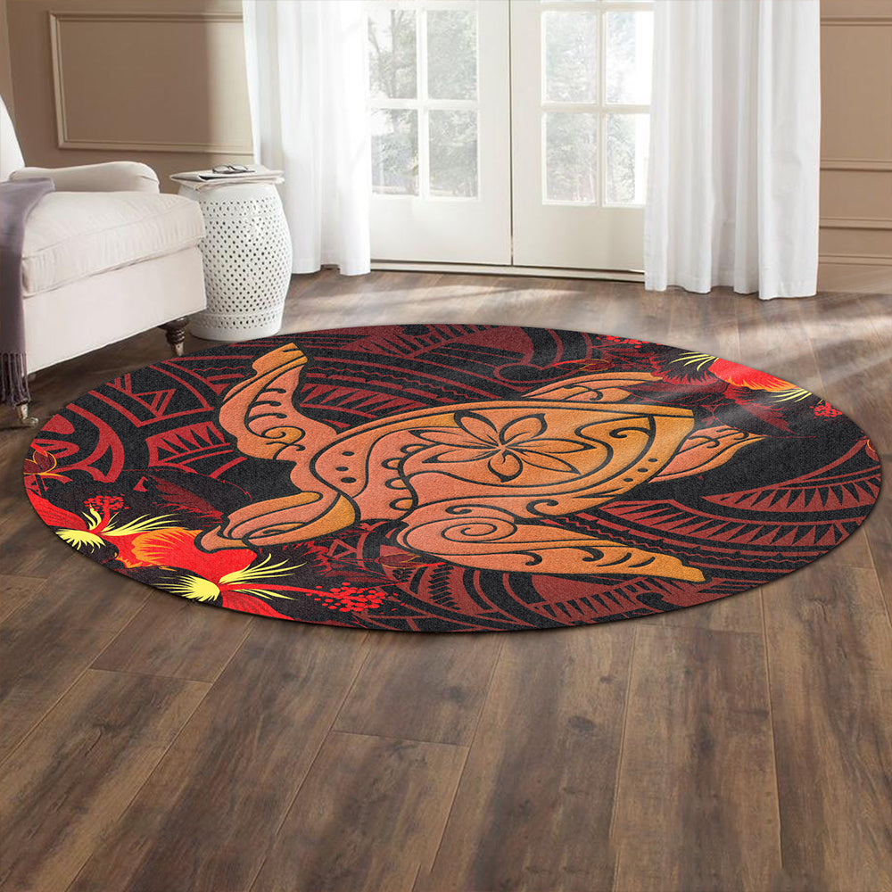 Hawaii Round Rug Hibiscus Polynesian Red Big Turtle
