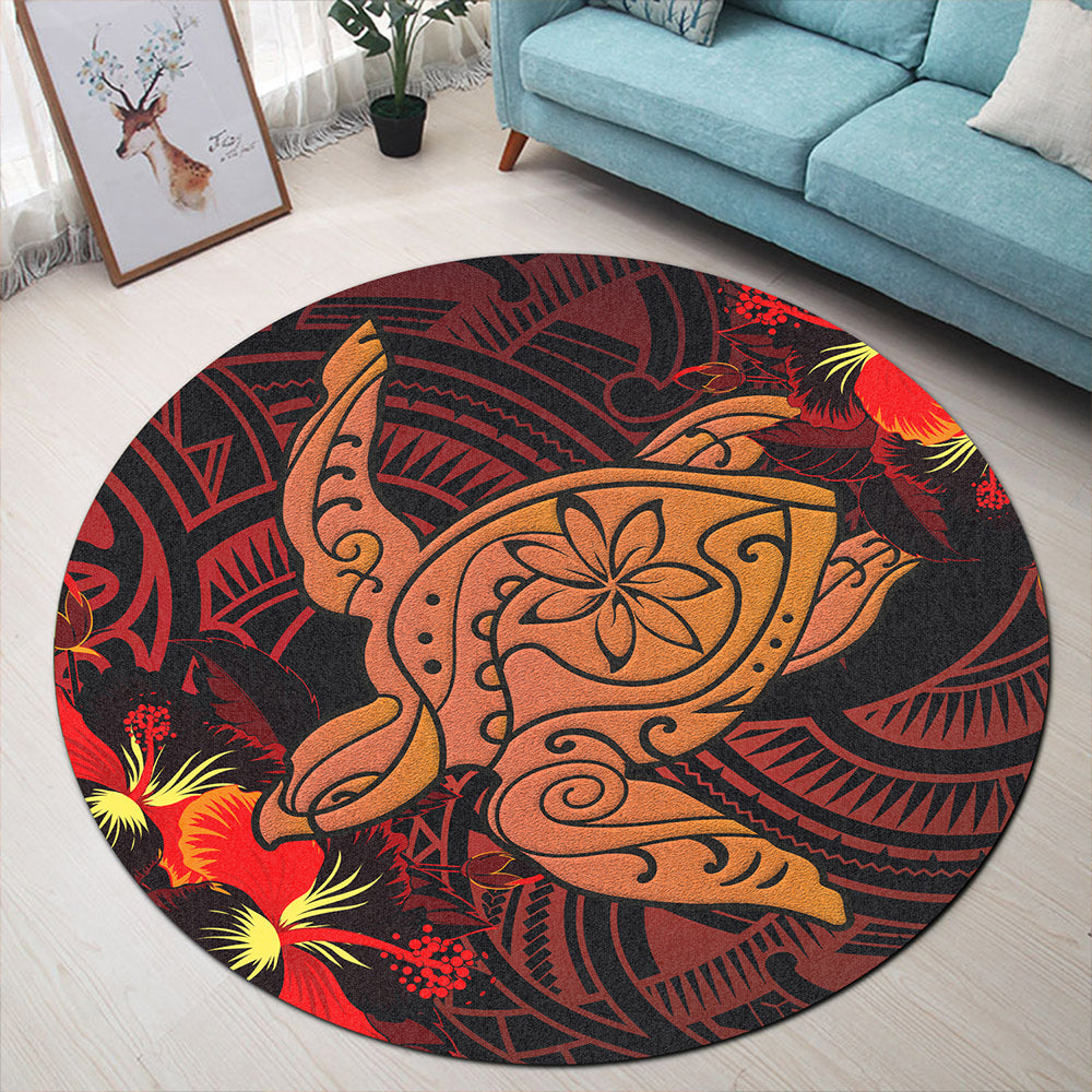 Hawaii Round Rug Hibiscus Polynesian Red Big Turtle