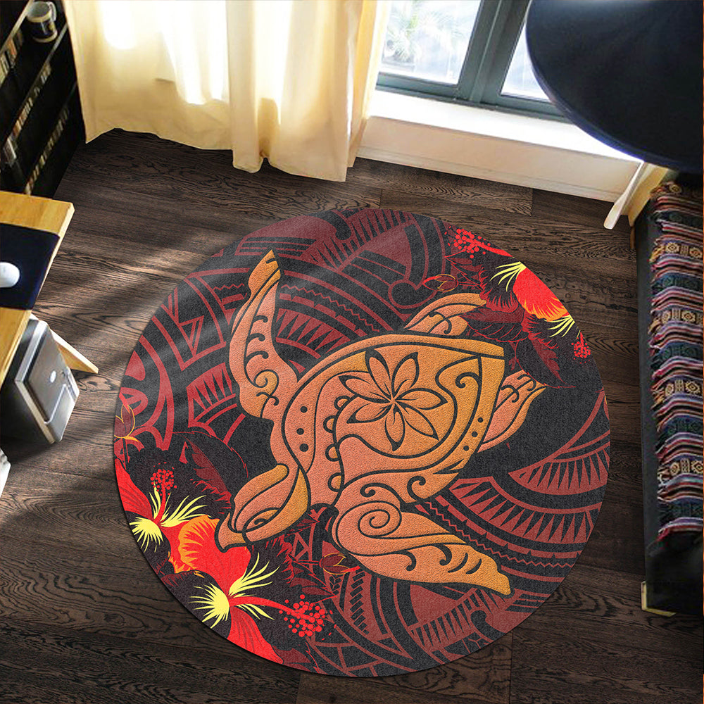 Hawaii Round Rug Hibiscus Polynesian Red Big Turtle