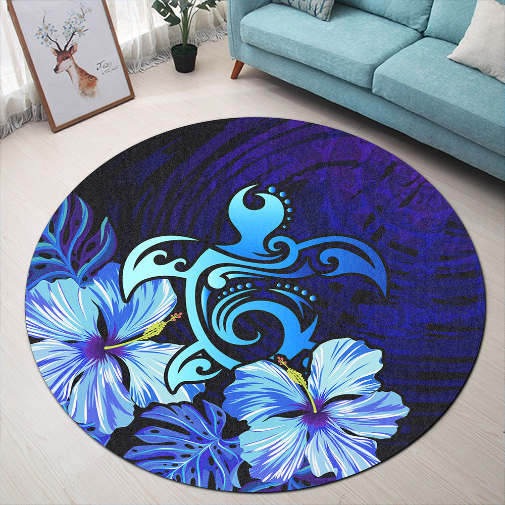 Hawaii Round Rug Hibiscus Tropical Deep Ocean Turtle Sea