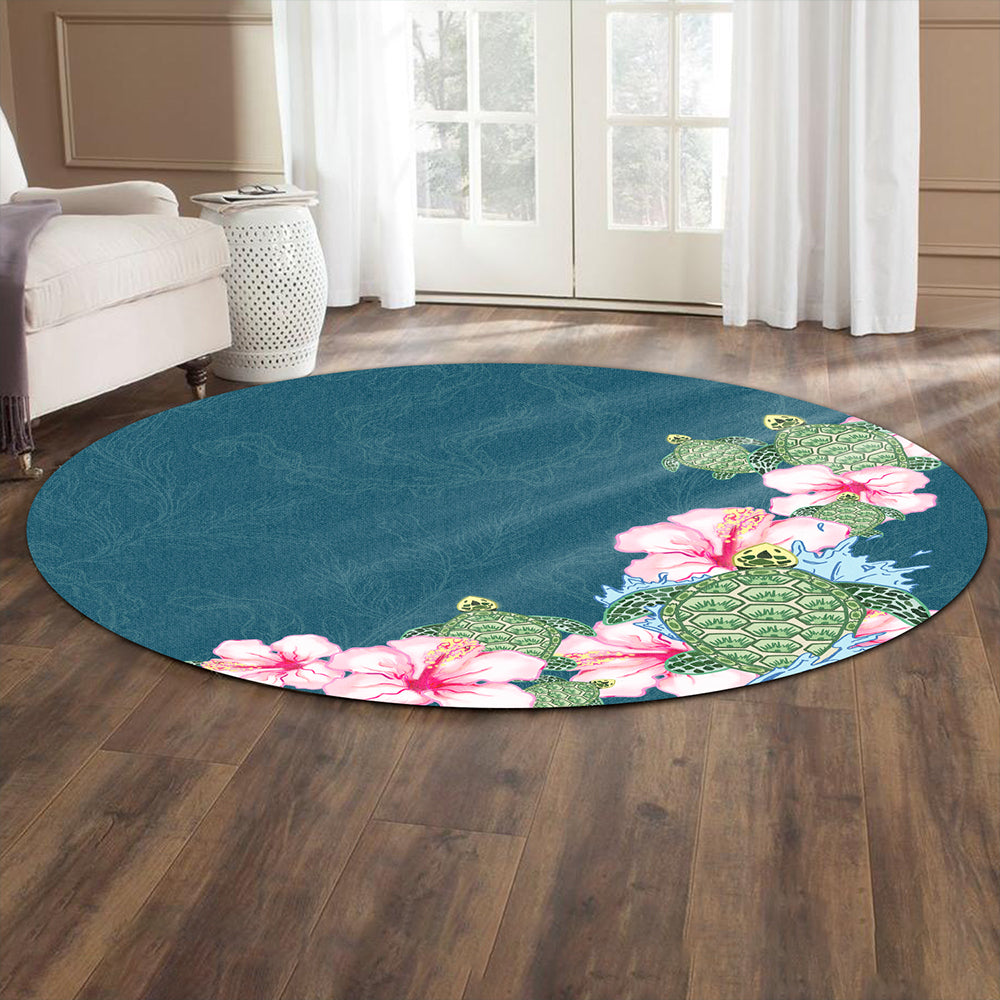 Hawaii Round Rug Hibiscus Turtle Dance