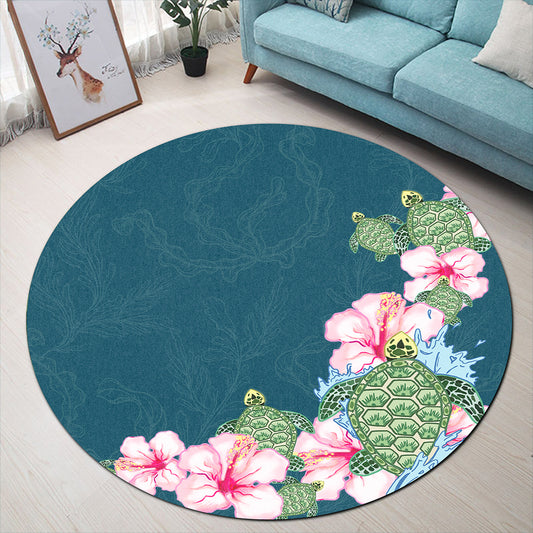 Hawaii Round Rug Hibiscus Turtle Dance