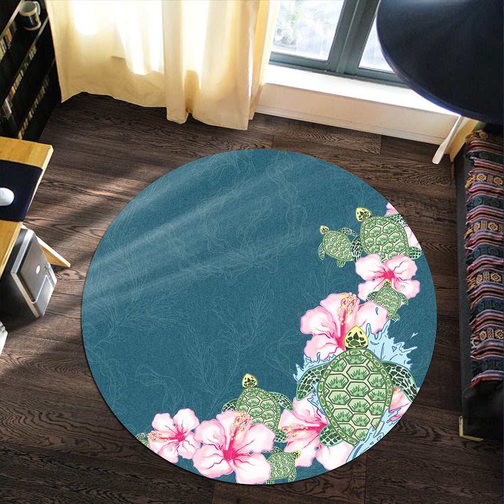 Hawaii Round Rug Hibiscus Turtle Dance