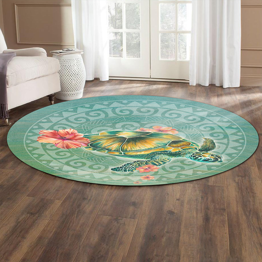 Hawaii Round Rug Hibiscus Turtle Swimming