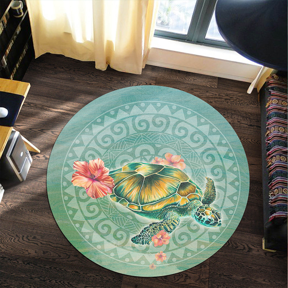 Hawaii Round Rug Hibiscus Turtle Swimming