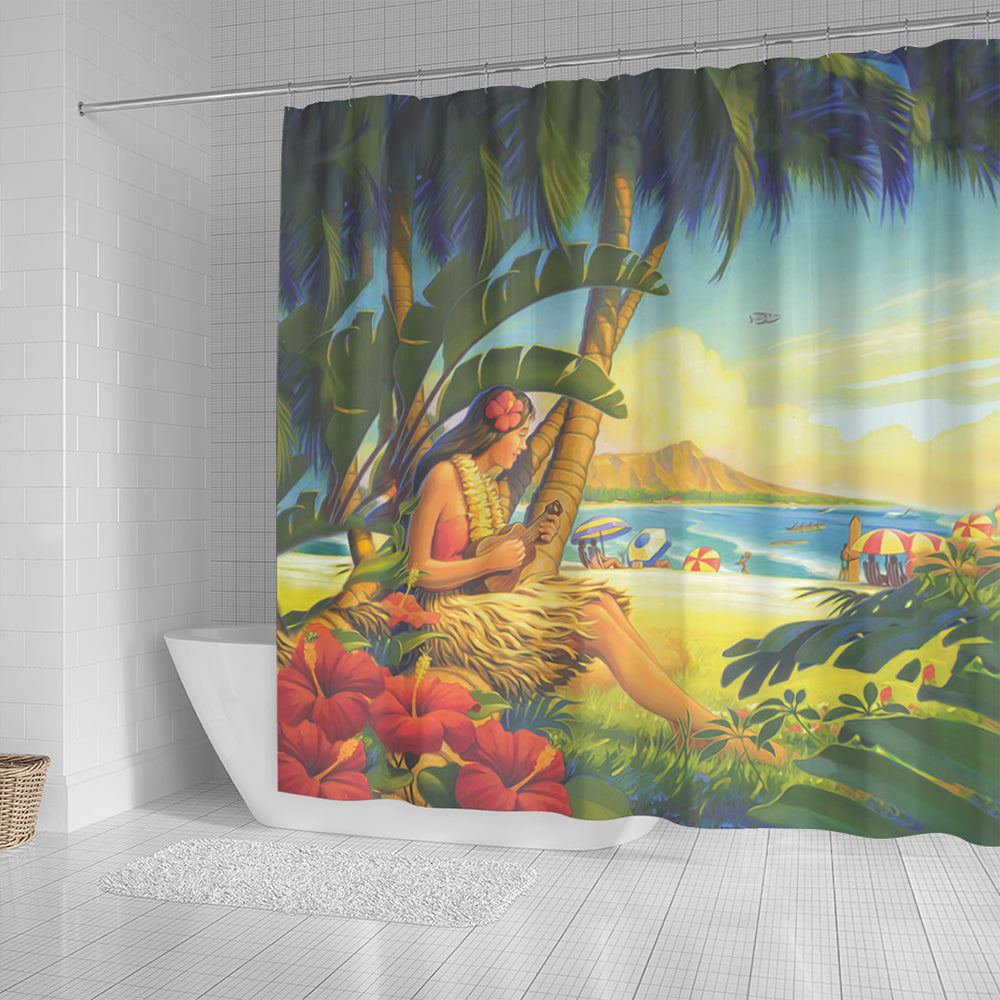 Hawaii Shower Curtain Hula Girl Hola Beach