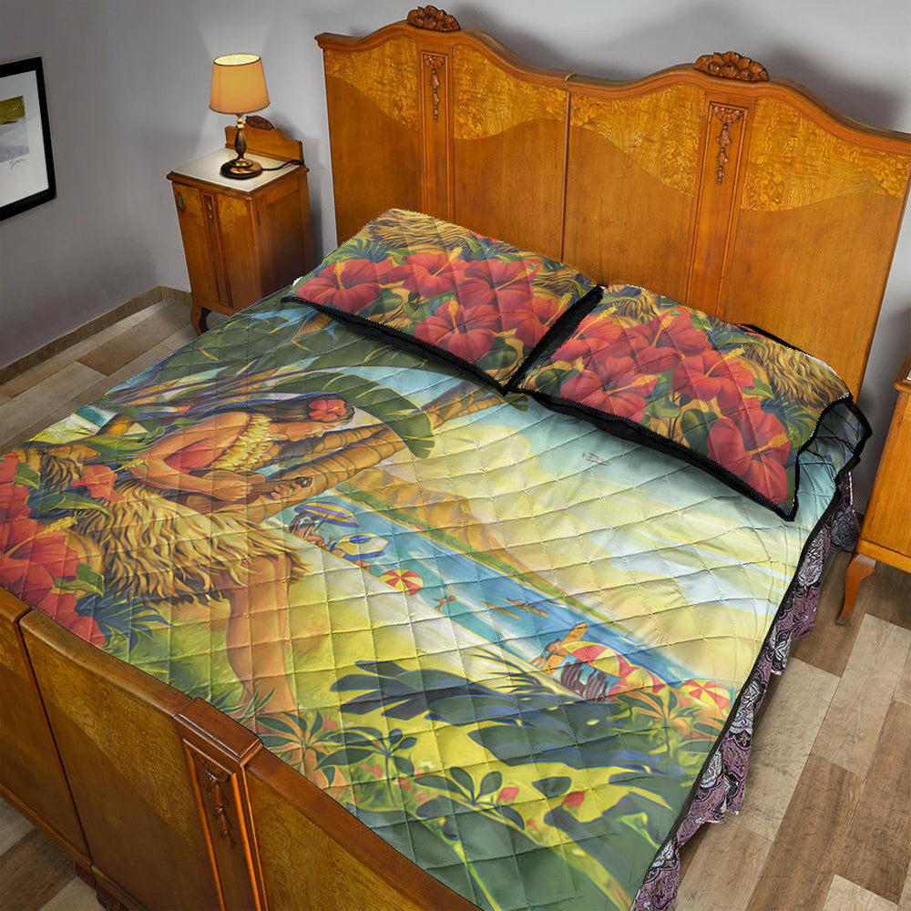 Hawaii Quilt Bed Set Hula Girl Hola Beach